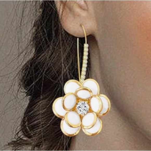 Camellia Floral Hoop dangle Crystal Earrings - Picture 3 of 6